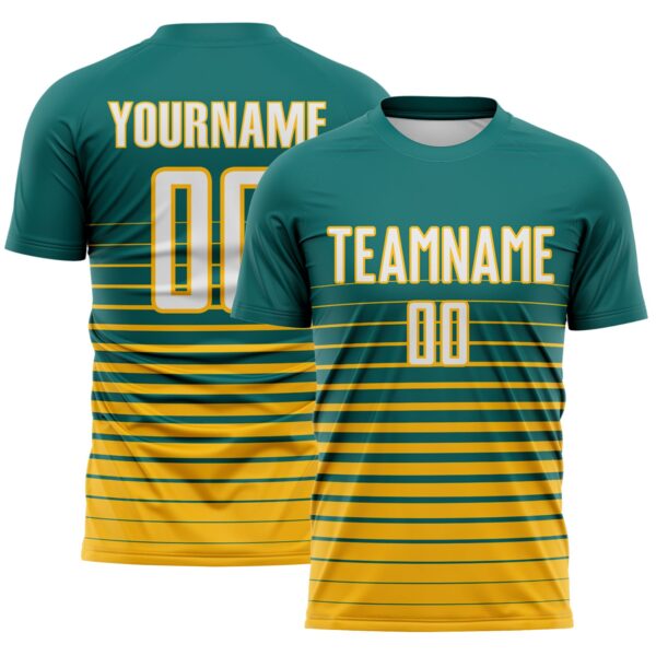 Custom Teal White-Gold Gradient Pinstripe Sublimation Soccer Uniform Jersey