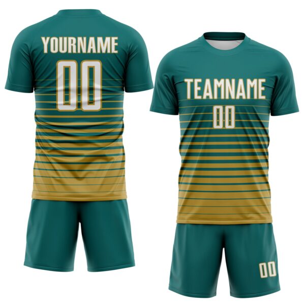 Custom Teal White-Old Gold Gradient Pinstripe Sublimation Soccer Uniform Jersey