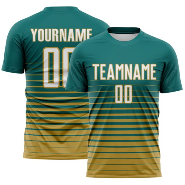 Custom Teal White-Old Gold Gradient Pinstripe Sublimation Soccer Uniform Jersey