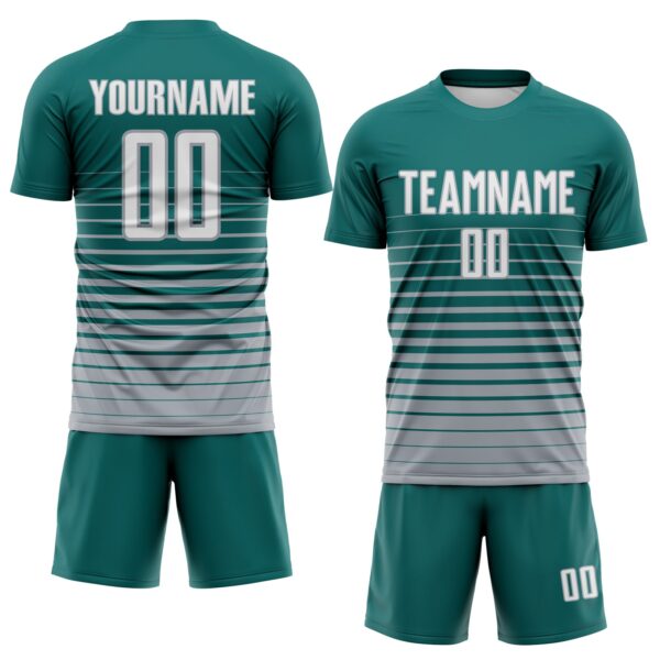Custom Teal White-Gray Gradient Pinstripe Sublimation Soccer Uniform Jersey