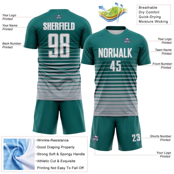 Custom Teal White-Gray Gradient Pinstripe Sublimation Soccer Uniform Jersey