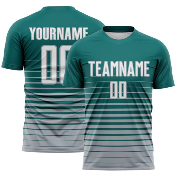 Custom Teal White-Gray Gradient Pinstripe Sublimation Soccer Uniform Jersey