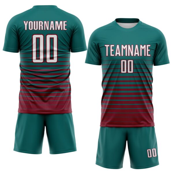 Custom Teal White-Crimson Gradient Pinstripe Sublimation Soccer Uniform Jersey