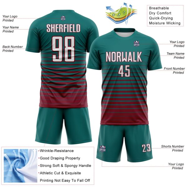 Custom Teal White-Crimson Gradient Pinstripe Sublimation Soccer Uniform Jersey