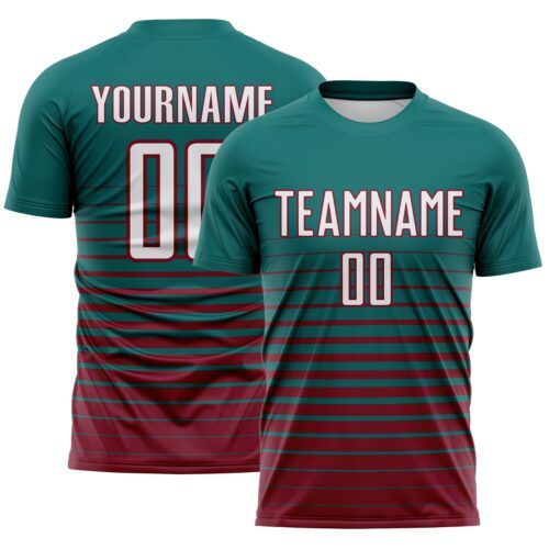 Custom Teal White-Crimson Gradient Pinstripe Sublimation Soccer Uniform Jersey