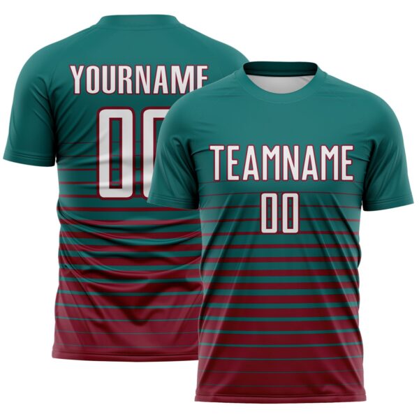 Custom Teal White-Crimson Gradient Pinstripe Sublimation Soccer Uniform Jersey