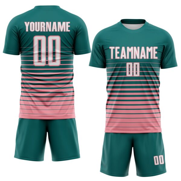Custom Teal White-Medium Pink Gradient Pinstripe Sublimation Soccer Uniform Jersey