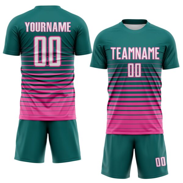 Custom Teal White-Pink Gradient Pinstripe Sublimation Soccer Uniform Jersey