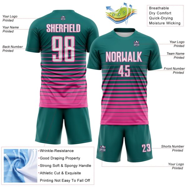 Custom Teal White-Pink Gradient Pinstripe Sublimation Soccer Uniform Jersey