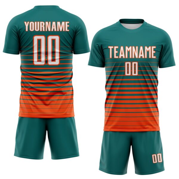 Custom Teal White-Orange Gradient Pinstripe Sublimation Soccer Uniform Jersey