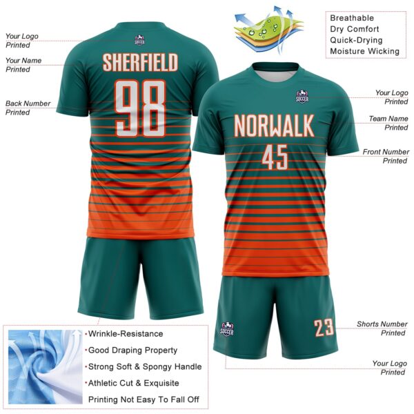 Custom Teal White-Orange Gradient Pinstripe Sublimation Soccer Uniform Jersey