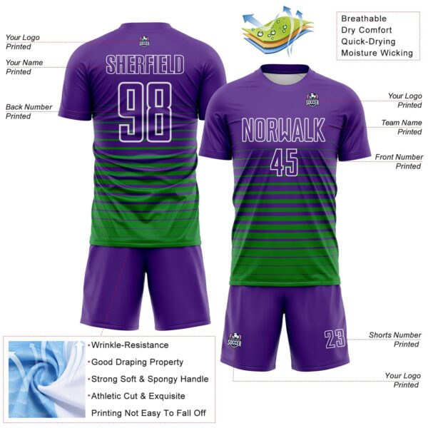 Custom Purple White-Grass Green Gradient Pinstripe Sublimation Soccer Uniform Jersey