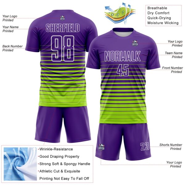 Custom Purple White-Neon Green Gradient Pinstripe Sublimation Soccer Uniform Jersey