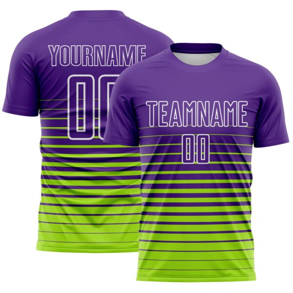 Custom Purple White-Neon Green Gradient Pinstripe Sublimation Soccer Uniform Jersey