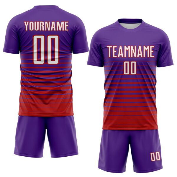 Custom Purple White-Red Gradient Pinstripe Sublimation Soccer Uniform Jersey