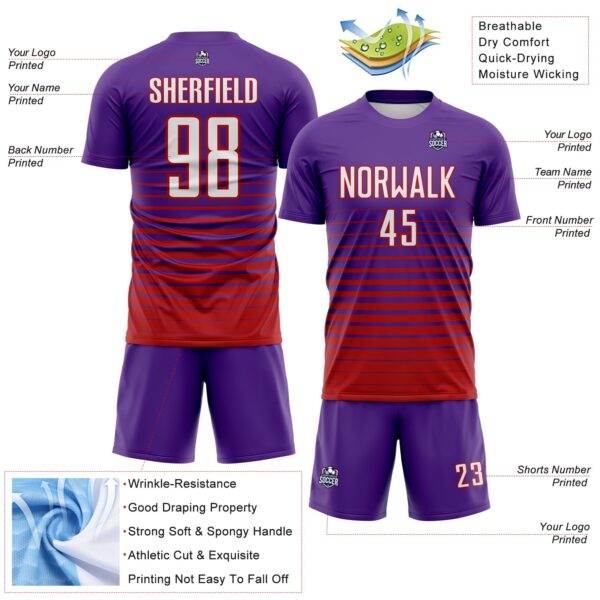 Custom Purple White-Red Gradient Pinstripe Sublimation Soccer Uniform Jersey