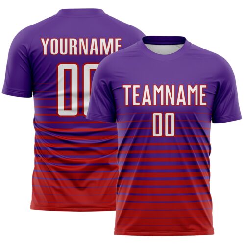Custom Purple White-Red Gradient Pinstripe Sublimation Soccer Uniform Jersey