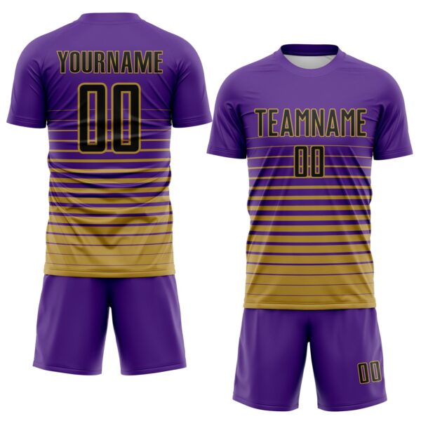 Custom Purple Black-Old Gold Gradient Pinstripe Sublimation Soccer Uniform Jersey