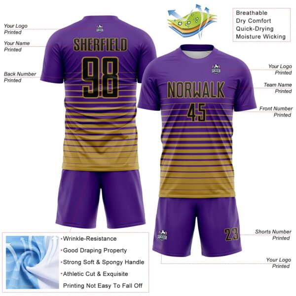 Custom Purple Black-Old Gold Gradient Pinstripe Sublimation Soccer Uniform Jersey