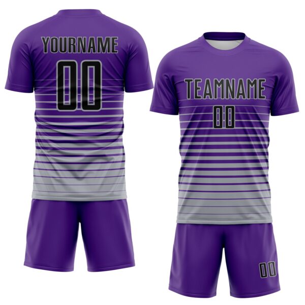 Custom Purple Black-Gray Gradient Pinstripe Sublimation Soccer Uniform Jersey