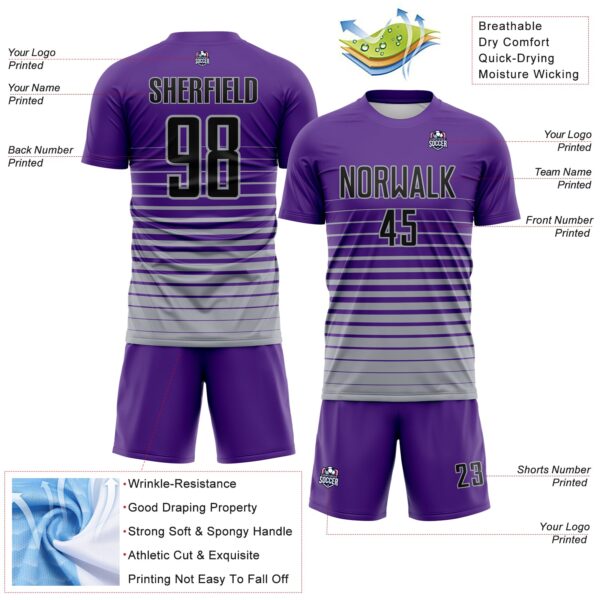 Custom Purple Black-Gray Gradient Pinstripe Sublimation Soccer Uniform Jersey