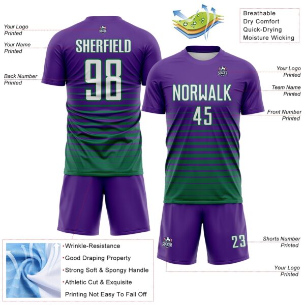 Custom Purple White-Kelly Green Gradient Pinstripe Sublimation Soccer Uniform Jersey