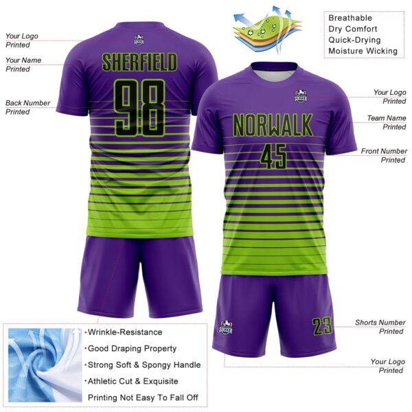 Custom Purple Black-Neon Green Gradient Pinstripe Sublimation Soccer Uniform Jersey