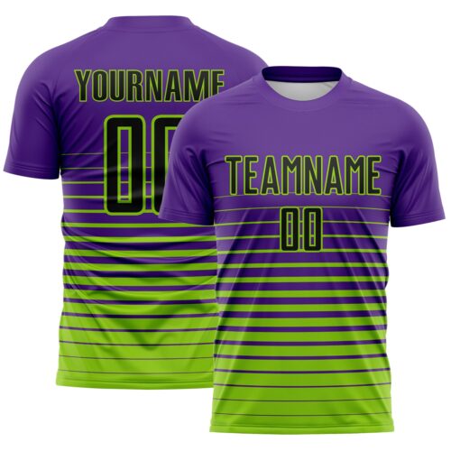 Custom Purple Black-Neon Green Gradient Pinstripe Sublimation Soccer Uniform Jersey