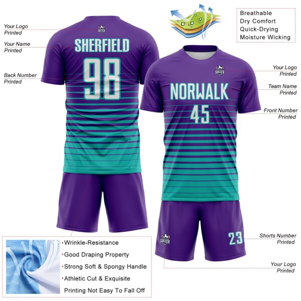 Custom Purple White-Aqua Gradient Pinstripe Sublimation Soccer Uniform Jersey