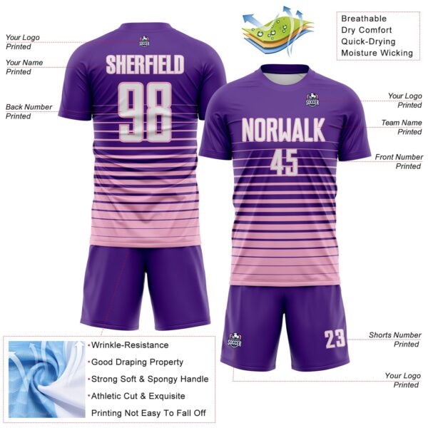 Custom Purple White-Light Pink Gradient Pinstripe Sublimation Soccer Uniform Jersey
