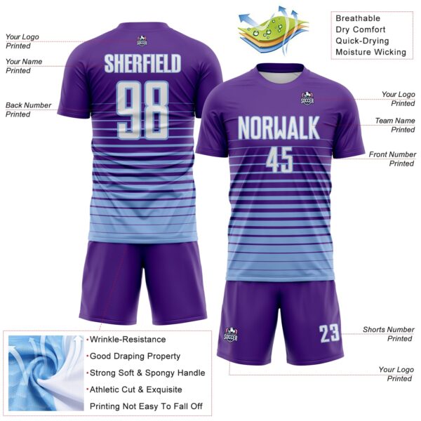 Custom Purple White-Light Blue Gradient Pinstripe Sublimation Soccer Uniform Jersey