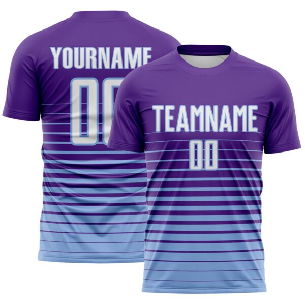 Custom Purple White-Light Blue Gradient Pinstripe Sublimation Soccer Uniform Jersey