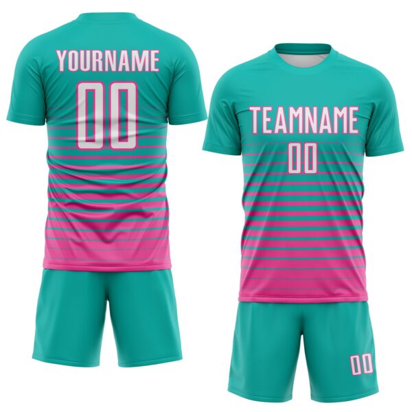 Custom Aqua White-Pink Gradient Pinstripe Sublimation Soccer Uniform Jersey