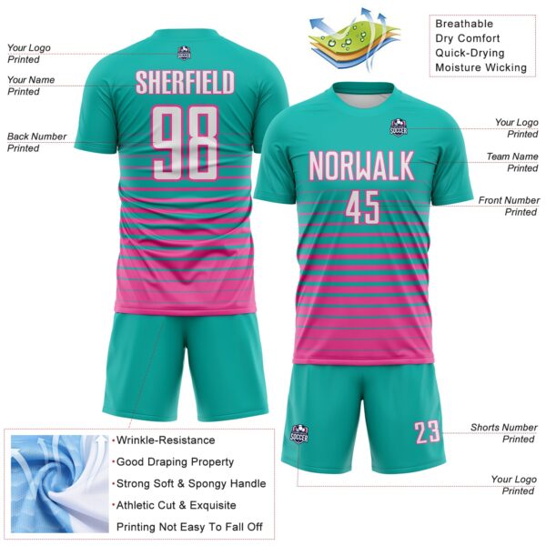 Custom Aqua White-Pink Gradient Pinstripe Sublimation Soccer Uniform Jersey