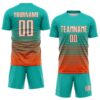 Custom Aqua White-Orange Gradient Pinstripe Sublimation Soccer Uniform Jersey