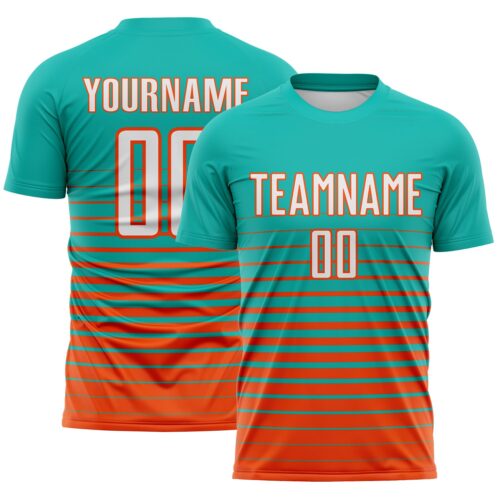 Custom Aqua White-Orange Gradient Pinstripe Sublimation Soccer Uniform Jersey