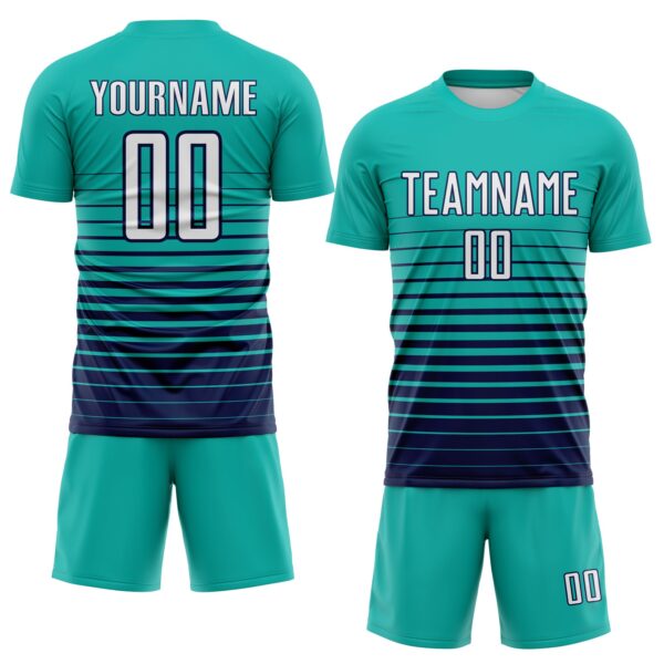 Custom Aqua White-Navy Gradient Pinstripe Sublimation Soccer Uniform Jersey
