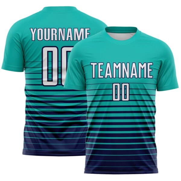 Custom Aqua White-Navy Gradient Pinstripe Sublimation Soccer Uniform Jersey