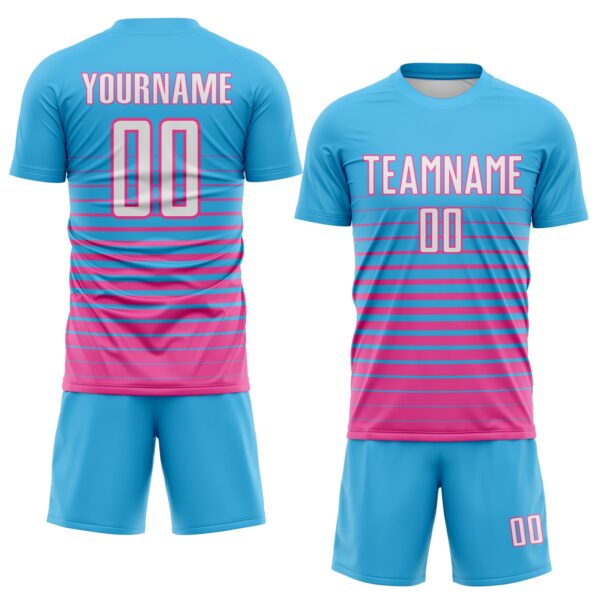 Custom Sky Blue White-Pink Gradient Pinstripe Sublimation Soccer Uniform Jersey