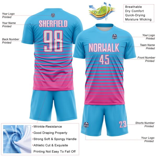 Custom Sky Blue White-Pink Gradient Pinstripe Sublimation Soccer Uniform Jersey