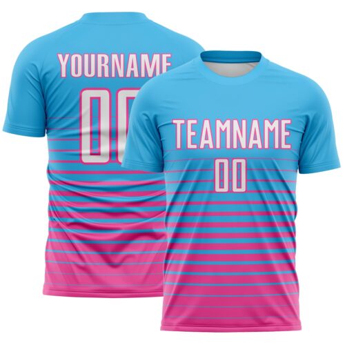 Custom Sky Blue White-Pink Gradient Pinstripe Sublimation Soccer Uniform Jersey