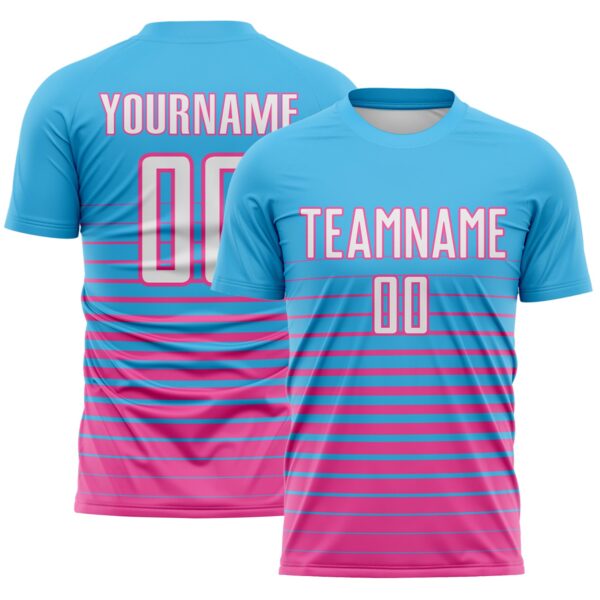 Custom Sky Blue White-Pink Gradient Pinstripe Sublimation Soccer Uniform Jersey