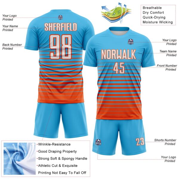 Custom Sky Blue White-Orange Gradient Pinstripe Sublimation Soccer Uniform Jersey
