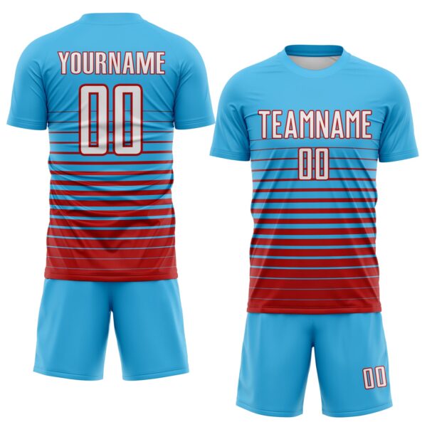 Custom Sky Blue White-Red Gradient Pinstripe Sublimation Soccer Uniform Jersey