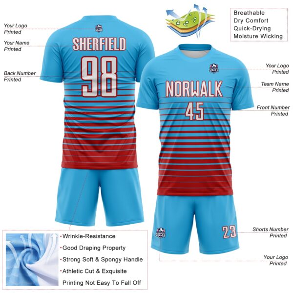 Custom Sky Blue White-Red Gradient Pinstripe Sublimation Soccer Uniform Jersey