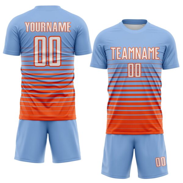 Custom Light Blue White-Orange Gradient Pinstripe Sublimation Soccer Uniform Jersey