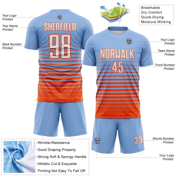 Custom Light Blue White-Orange Gradient Pinstripe Sublimation Soccer Uniform Jersey