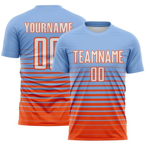 Custom Light Blue White-Orange Gradient Pinstripe Sublimation Soccer Uniform Jersey