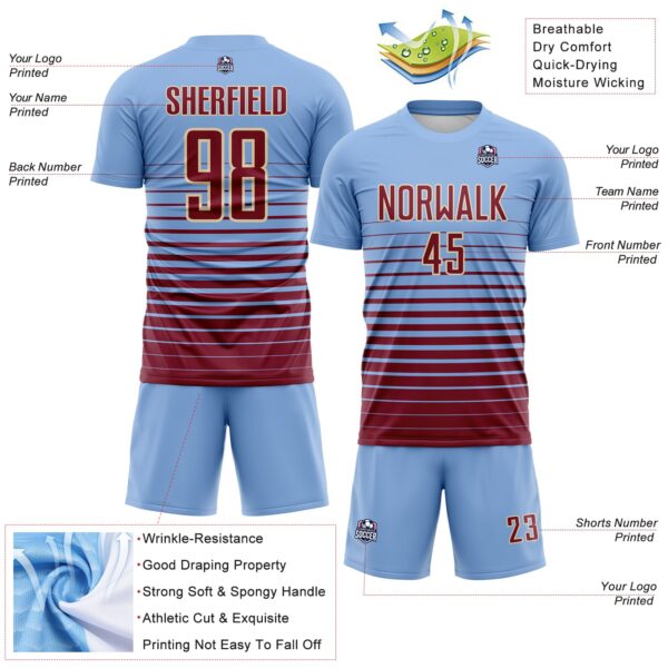 Custom Light Blue Crimson-Cream Gradient Pinstripe Sublimation Soccer Uniform Jersey