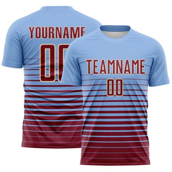 Custom Light Blue Crimson-Cream Gradient Pinstripe Sublimation Soccer Uniform Jersey